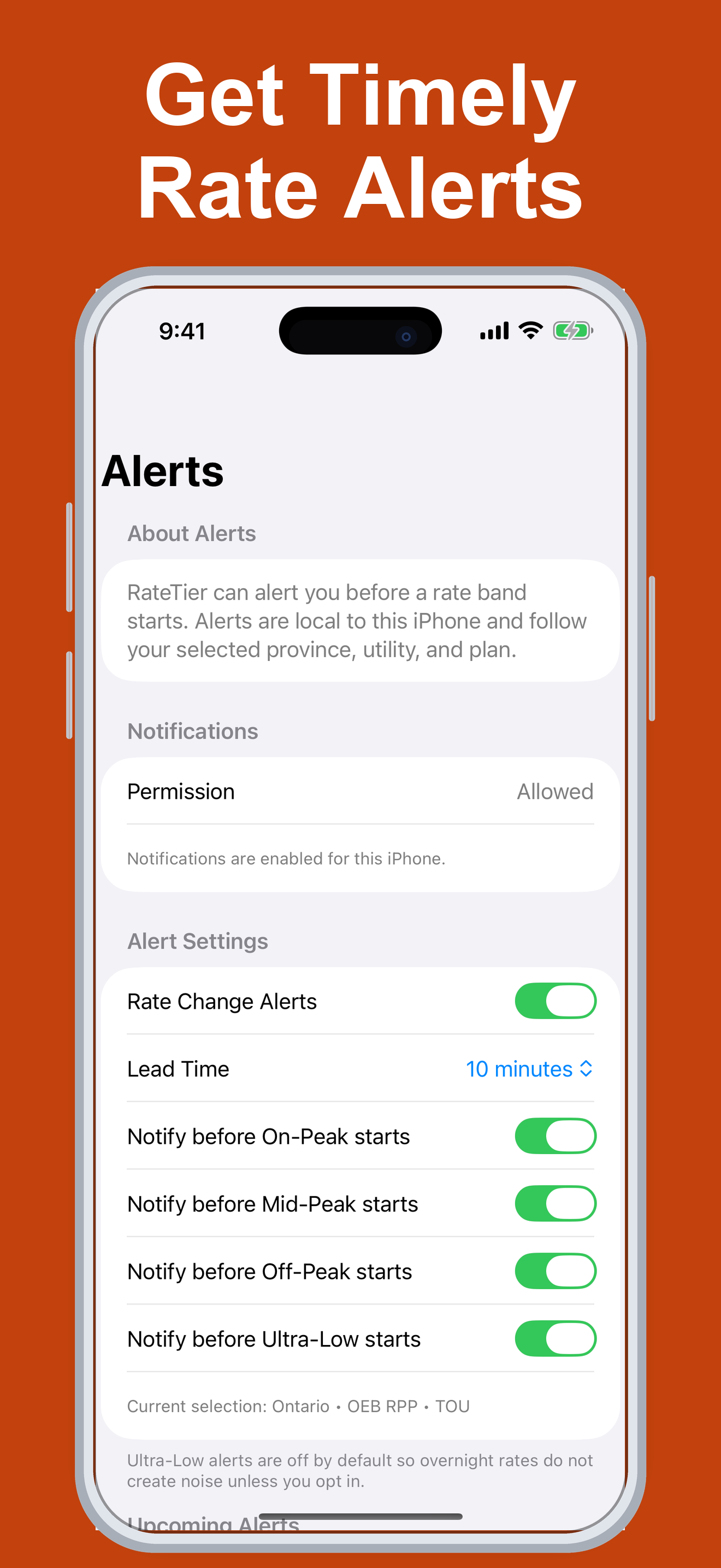 RateTier Alerts screen with notification toggles and lead-time settings.