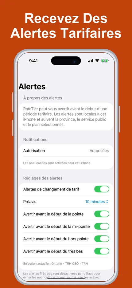 Ecran Alertes de RateTier avec les bascules de notification et les reglages d'avance.