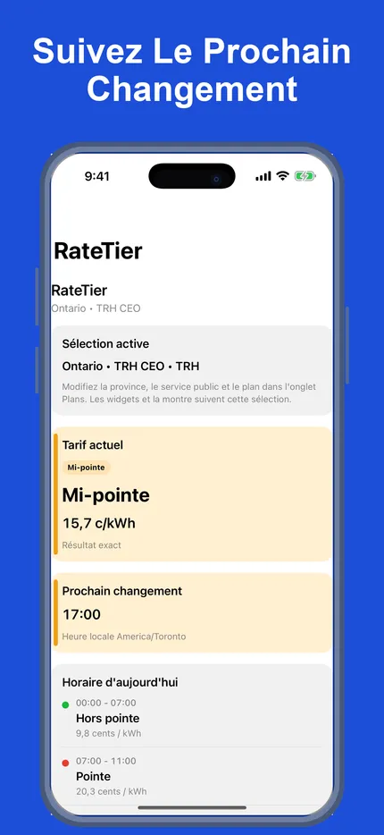 RateTier affichant la plage mid-peak actuelle et la prochaine heure de changement.