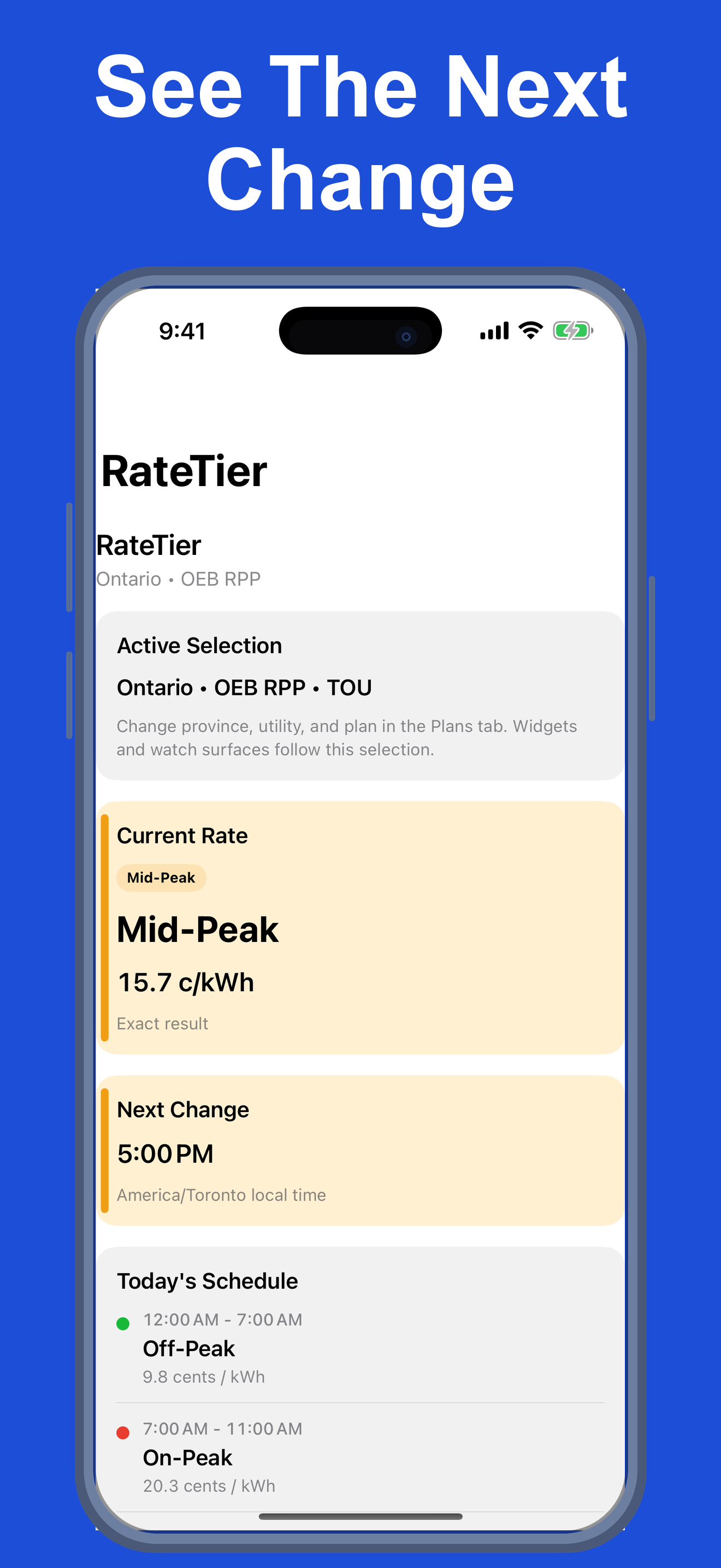 RateTier showing the current mid-peak period and the next change time.