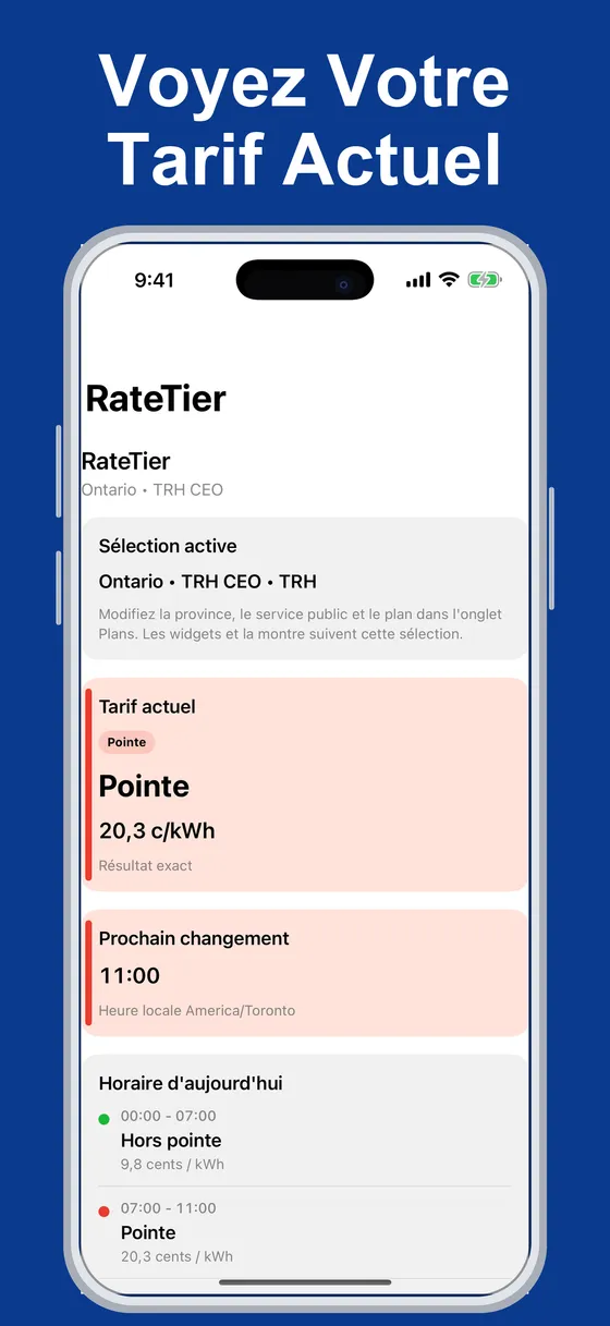 Ecran RateTier affichant le tarif on-peak actuel et la prochaine heure de changement.