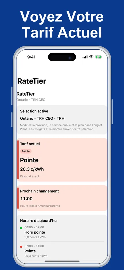 RateTier affichant l'etat tarifaire actuel et l'horaire de la journee.