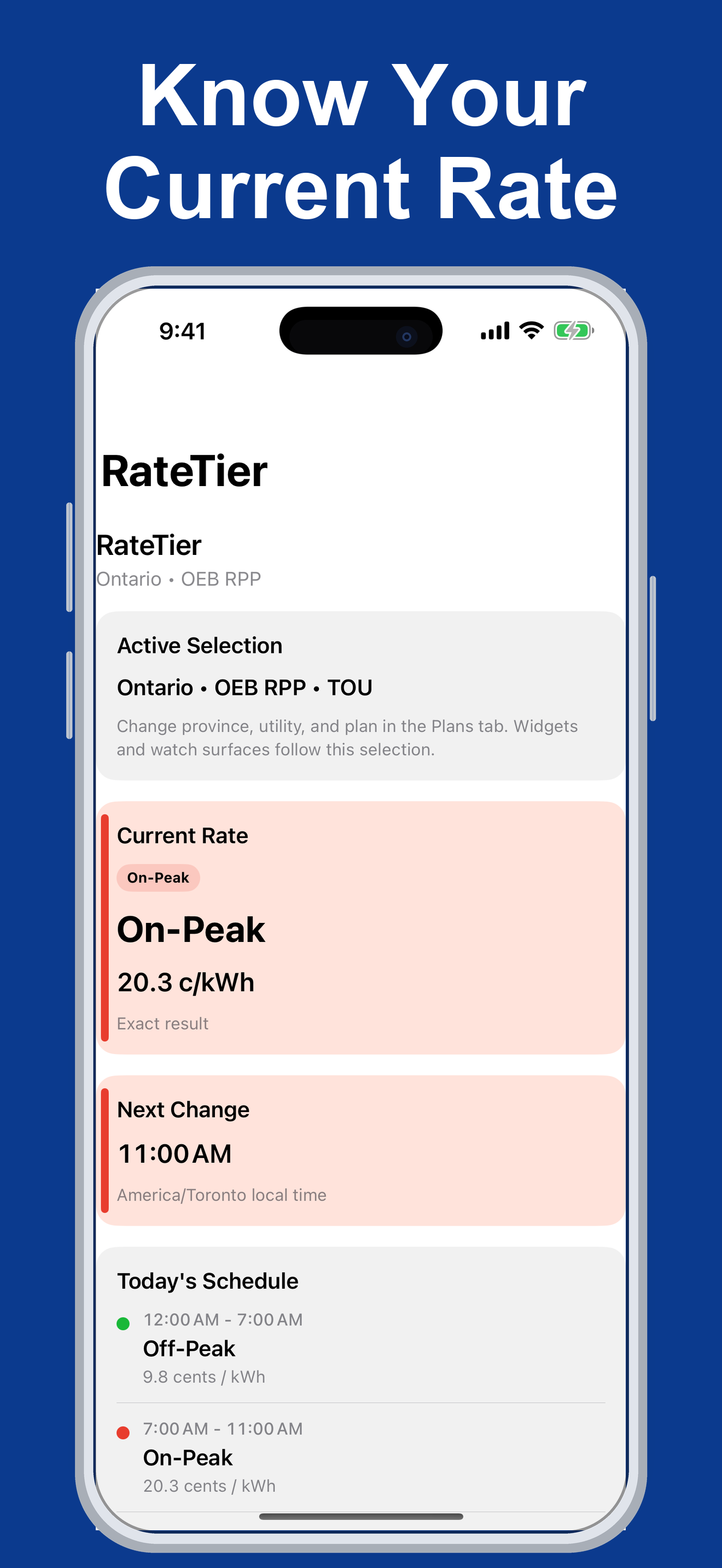 RateTier Rates screen showing the current on-peak electricity rate and the next change time.