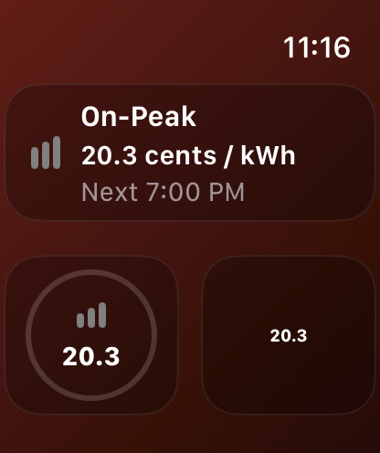 RateTier Apple Watch complication and glance view showing the current on-peak rate and next change.