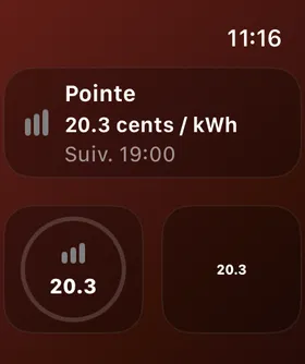 Complication Apple Watch RateTier montrant le tarif on-peak actuel et le prochain changement.