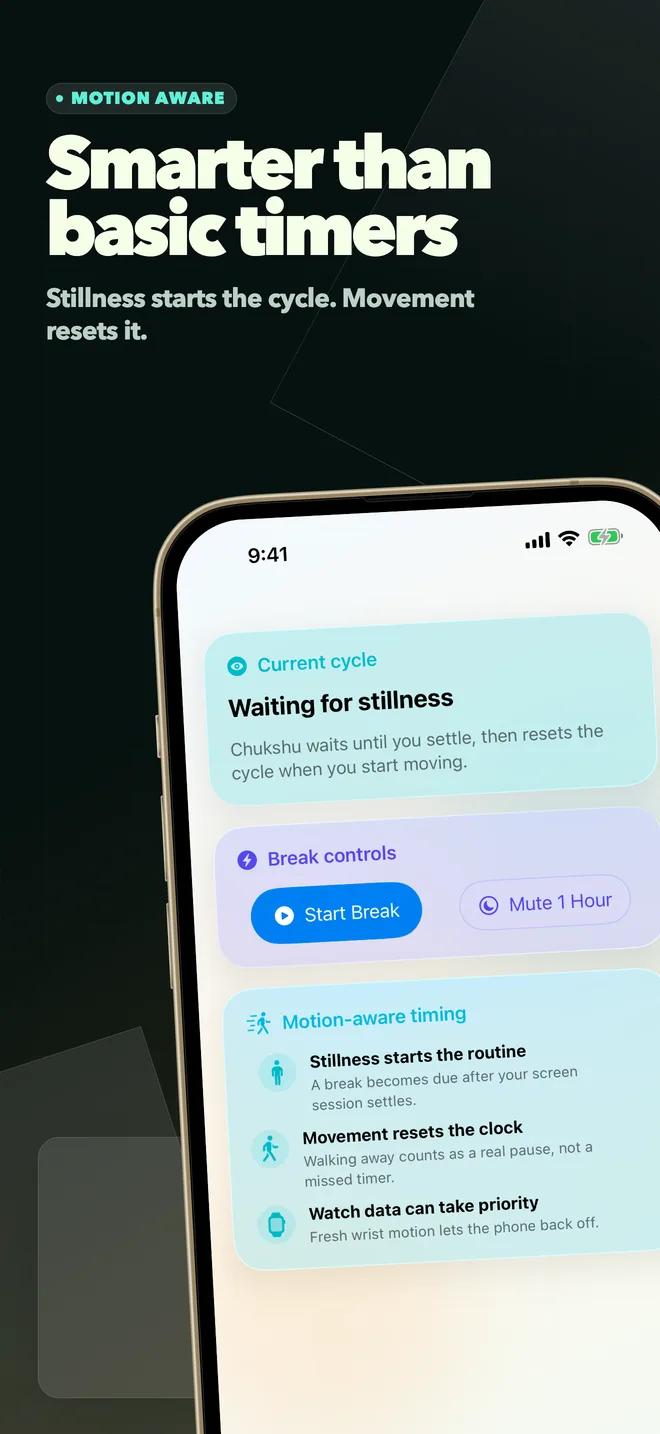 Chukshu screen explaining motion-aware reminder timing.