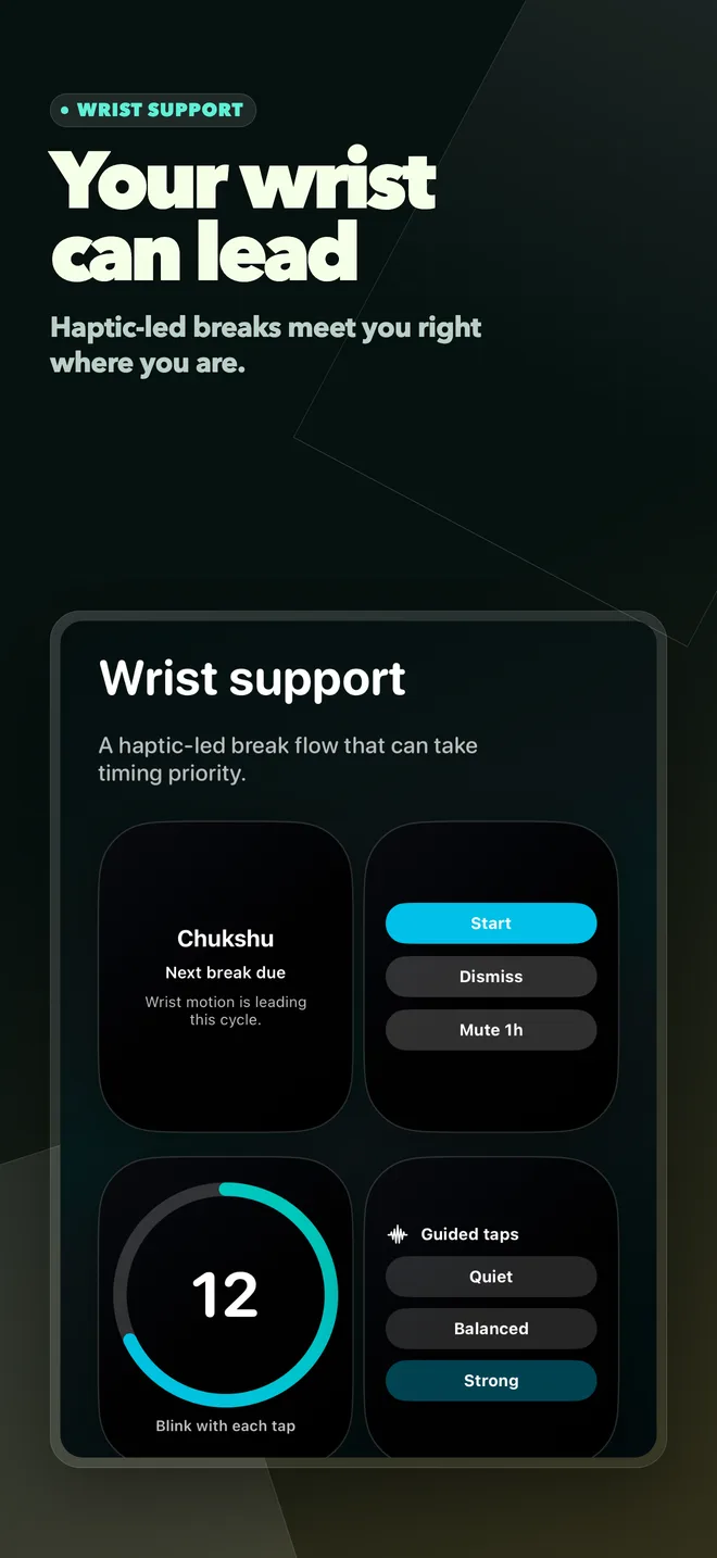 Chukshu Apple Watch screens showing reminder and guided-break states.