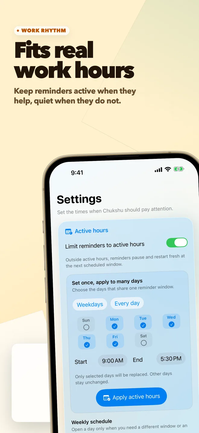 Chukshu settings screen for configuring active work hours.