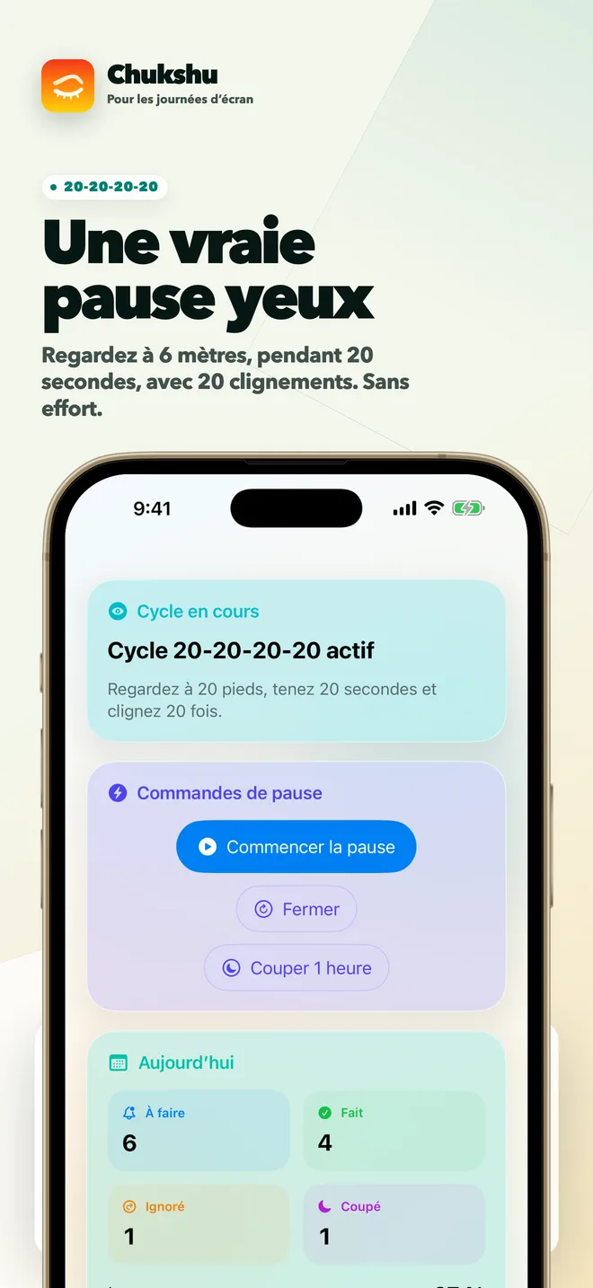 Ecran d'accueil Chukshu montrant la routine de pause ecran et l'etat du prochain rappel.
