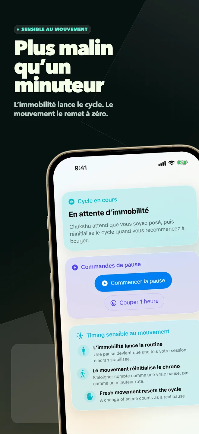 Ecran Chukshu expliquant le minutage des rappels adapte au mouvement.