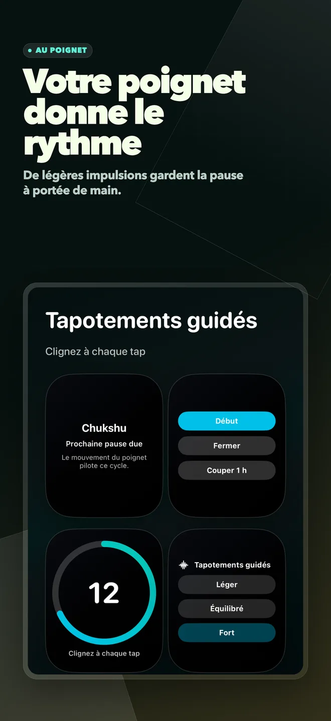 Ecrans Apple Watch Chukshu montrant les rappels et la pause guidee.