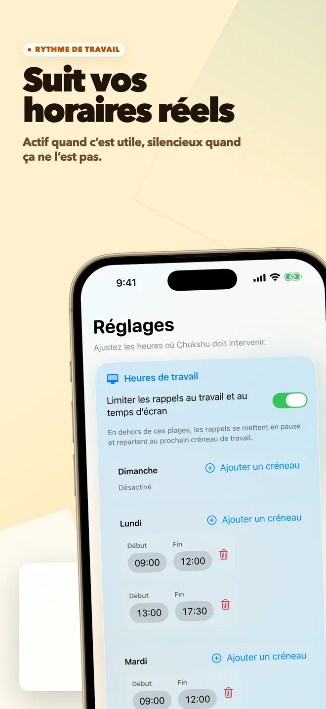 Reglages Chukshu pour configurer les heures de travail actives.