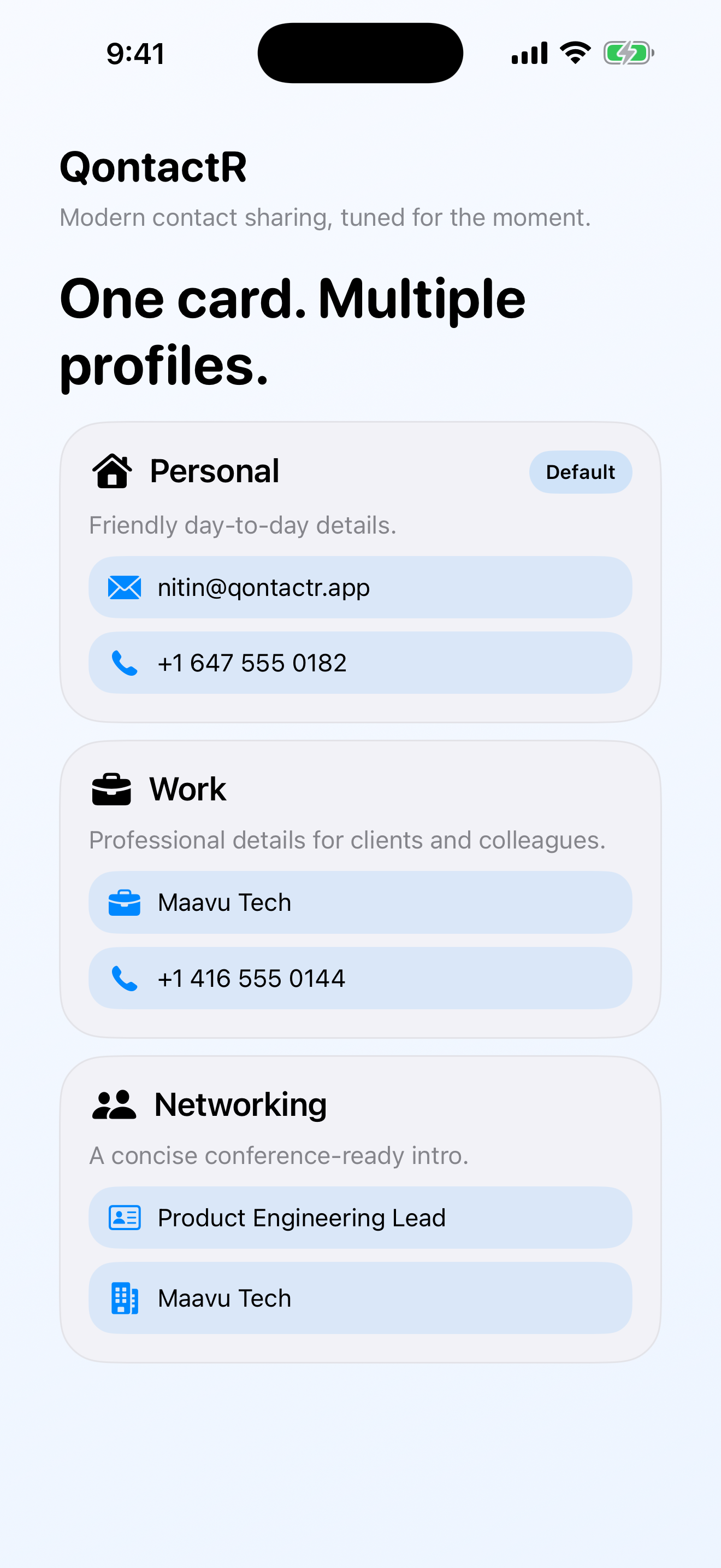 QontactR profiles screen listing personal, work, and networking profile presets.