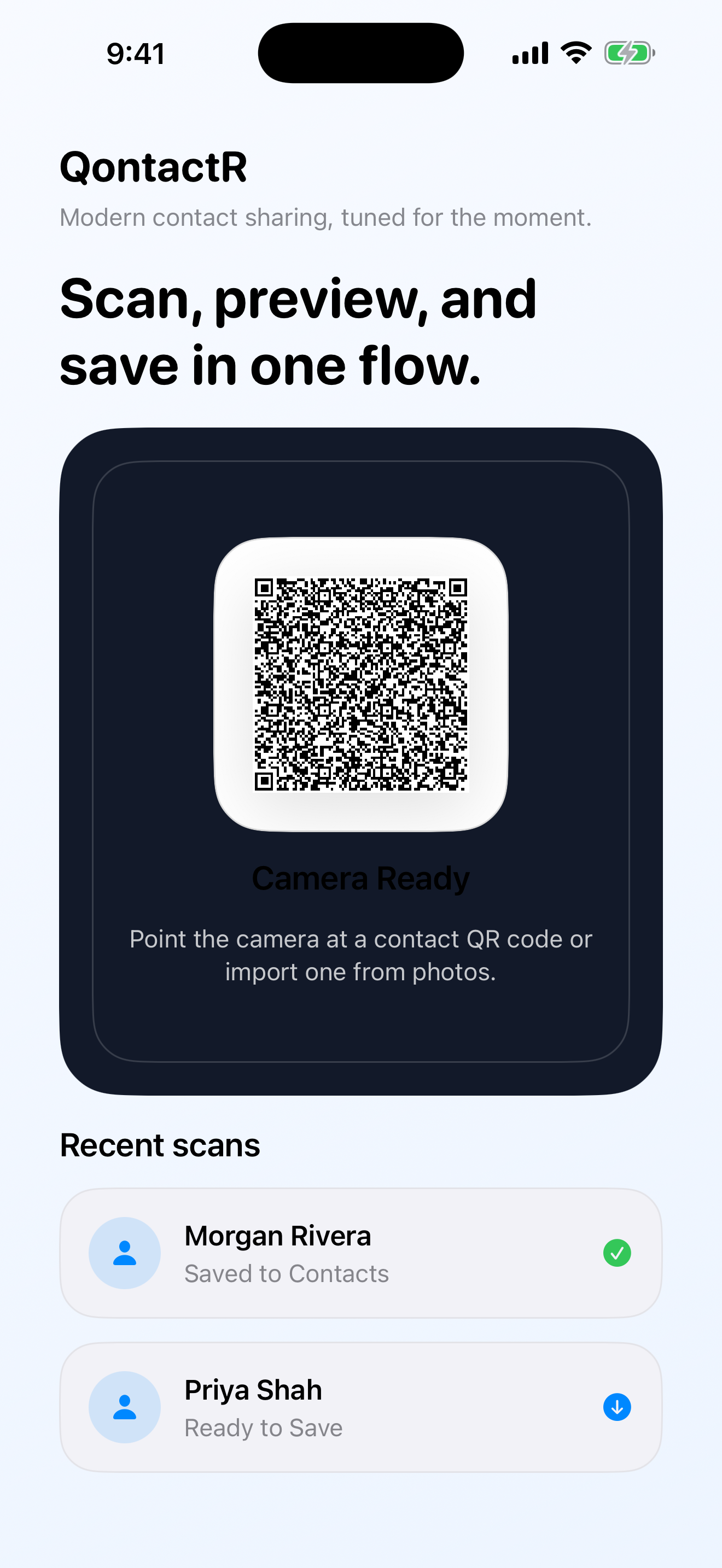 QontactR scan screen with a live QR scanner, scan from photo action, and recent scans list.