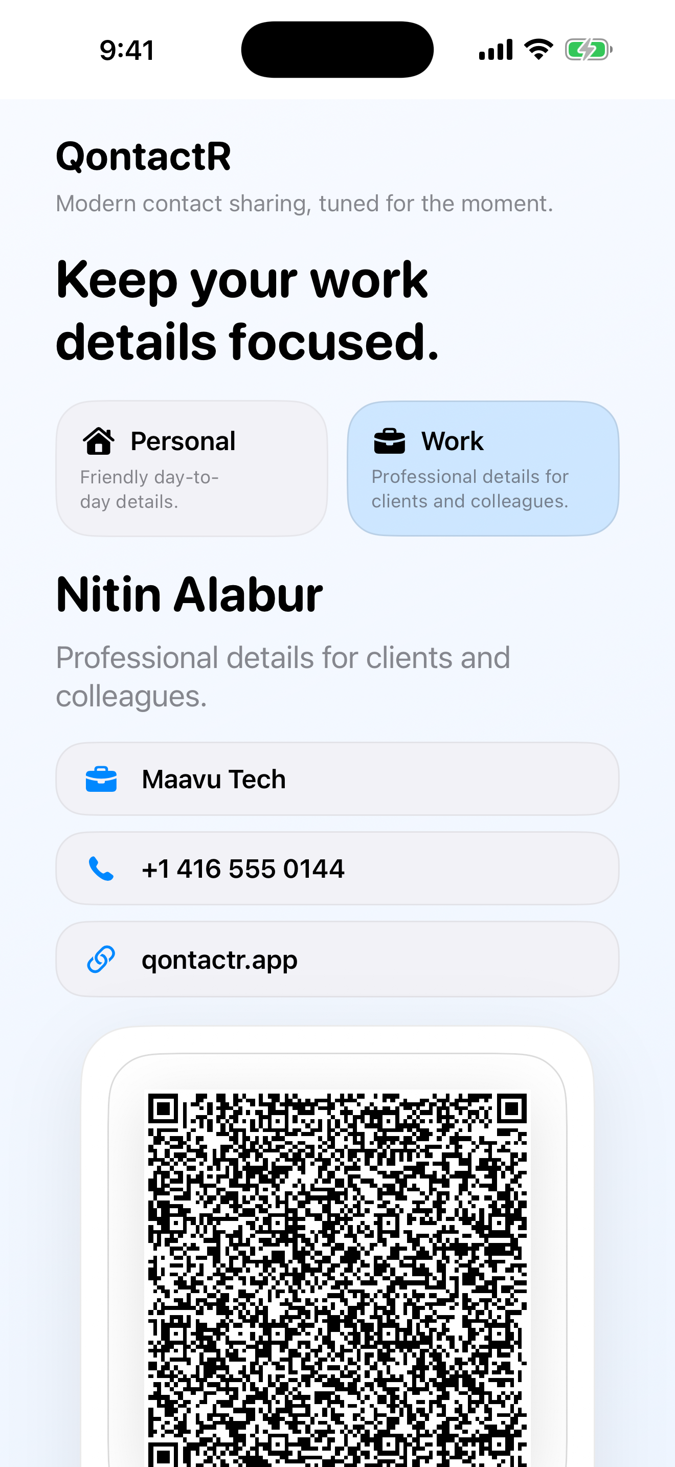 QontactR work profile share screen showing a different QR code and work-specific contact details.
