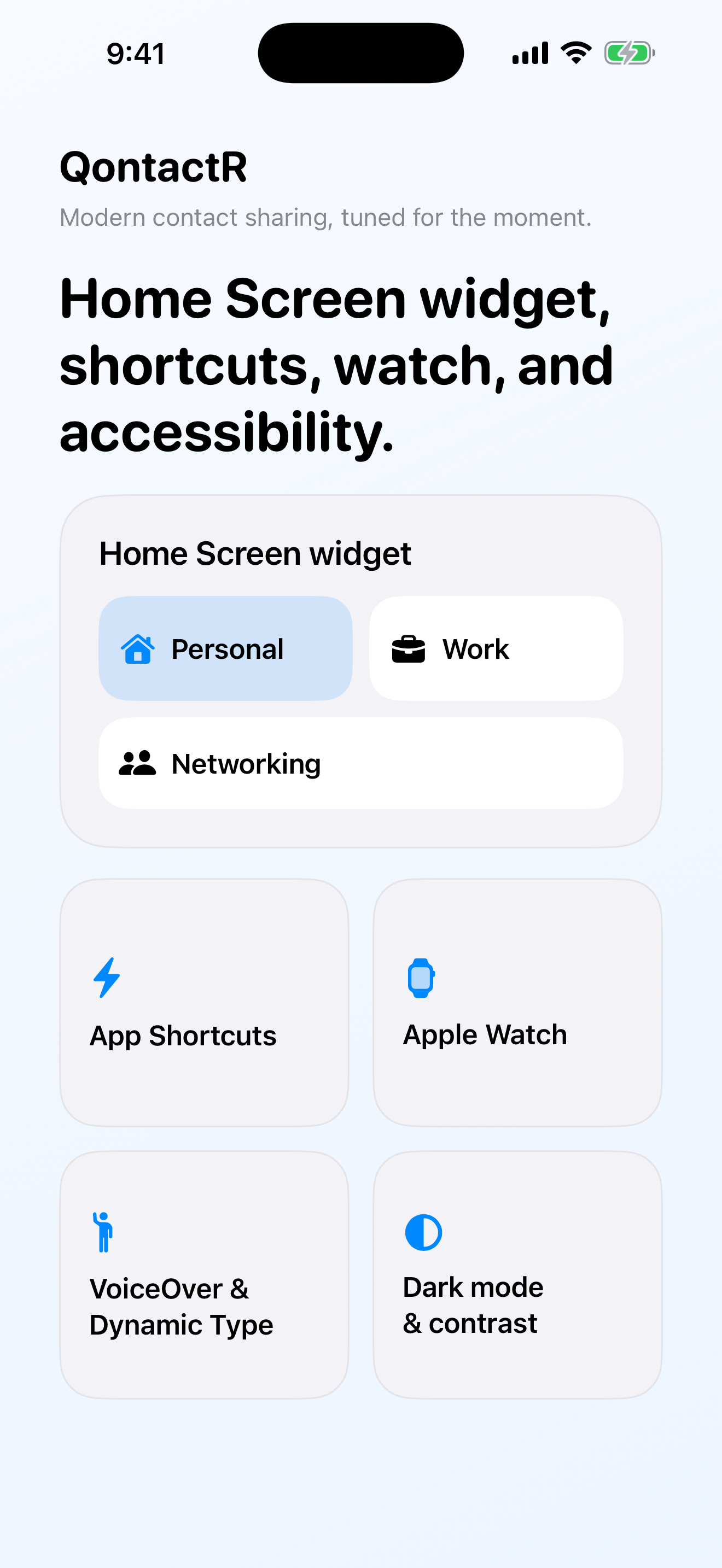 QontactR marketing screen showing widgets, shortcuts, and quick access surfaces.