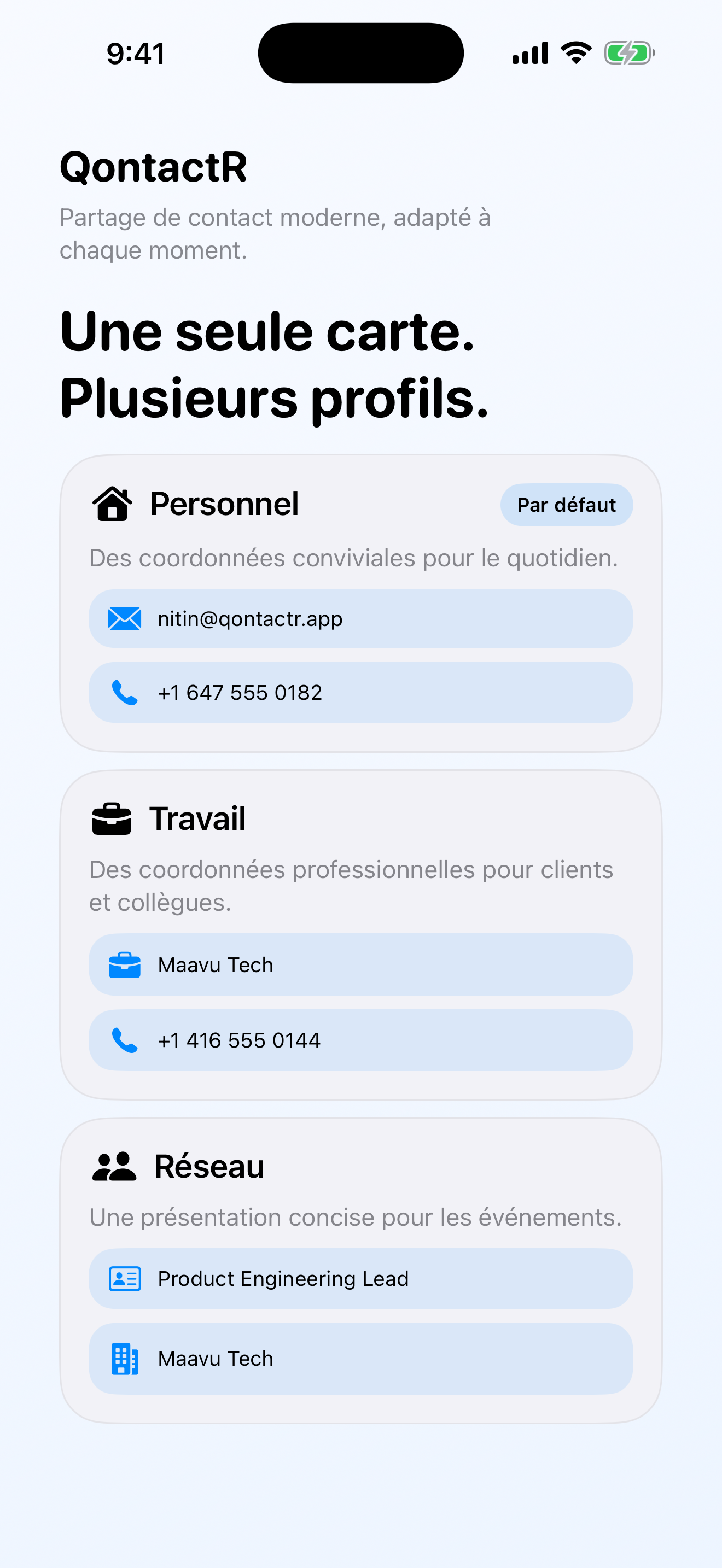 Ecran QontactR des profils listant les presets personnel, travail et reseau.