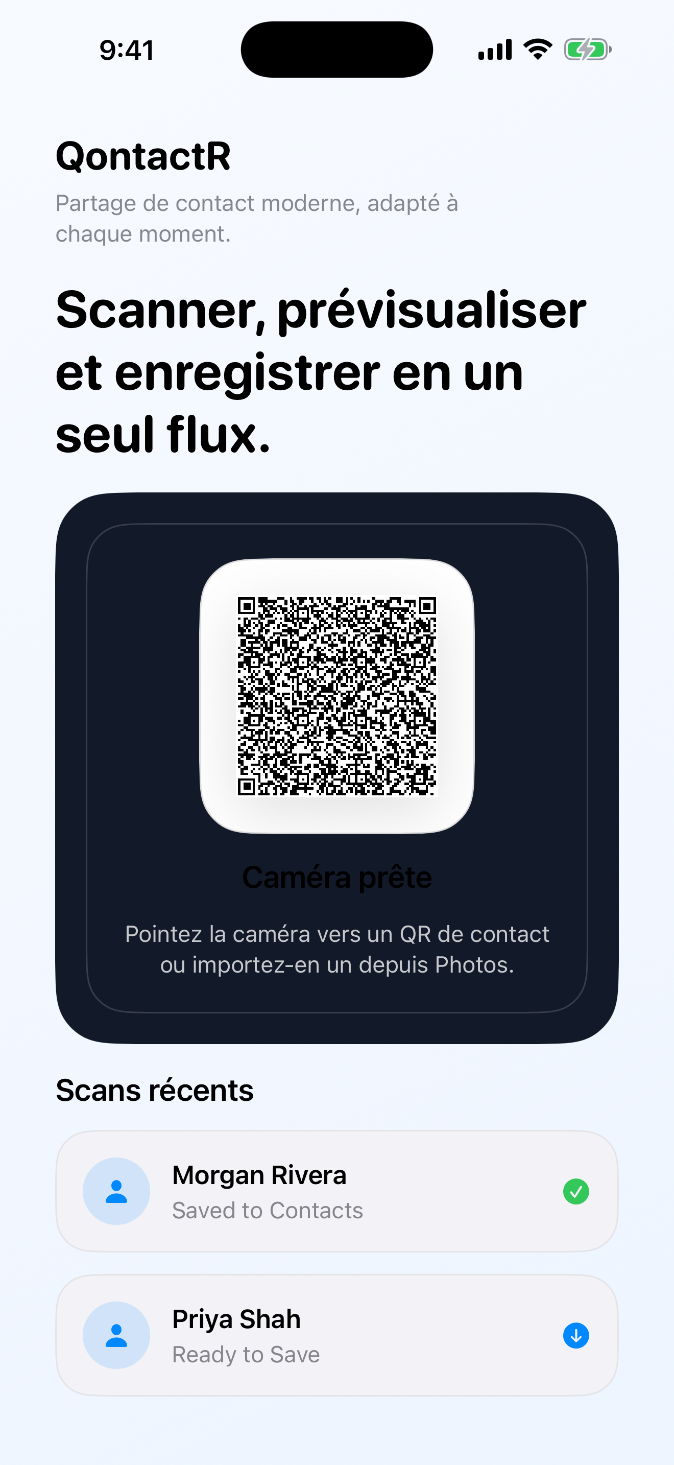 Ecran QontactR de scan avec scanner QR en direct, action scan depuis photo et liste des scans recents.