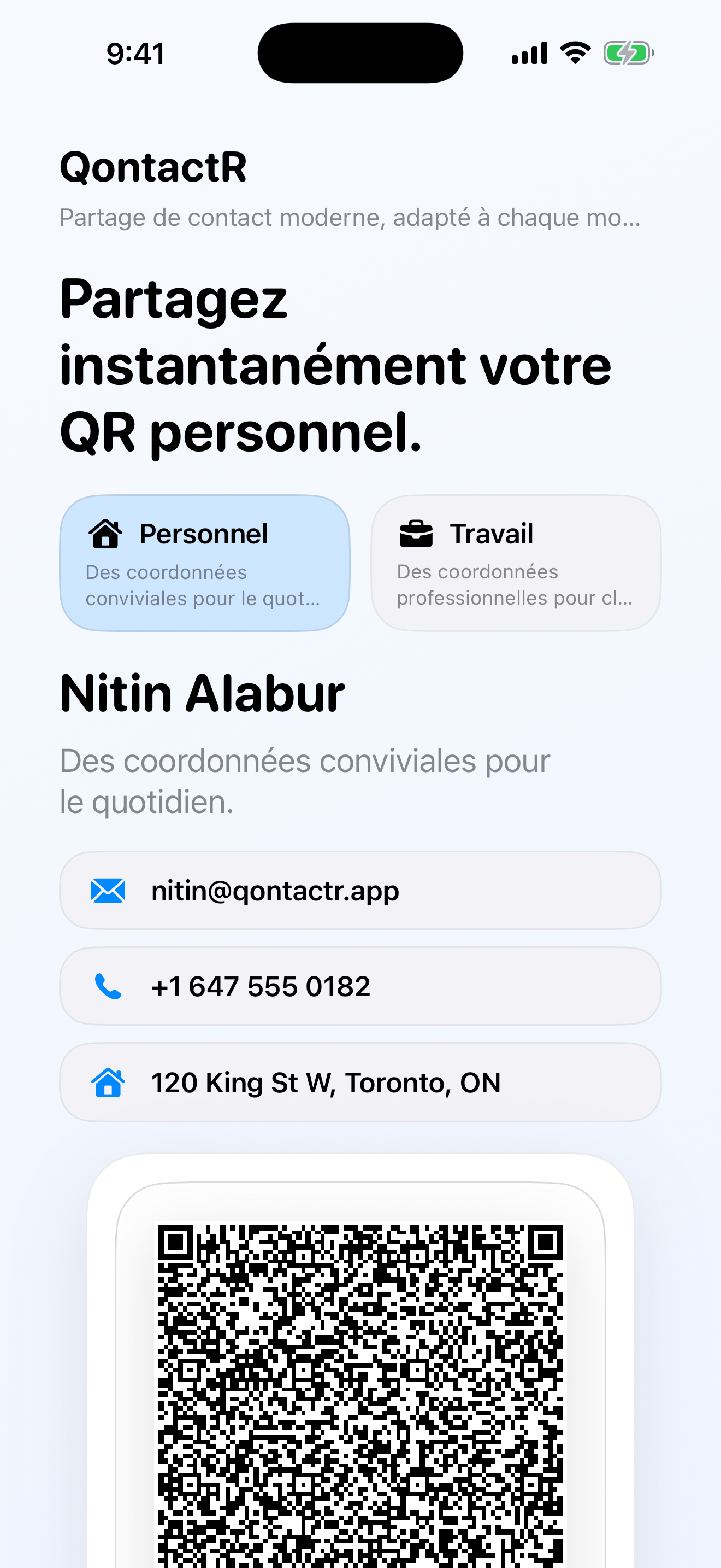 Ecran de partage QontactR montrant un QR code de profil personnel et des details de contact propres au profil.