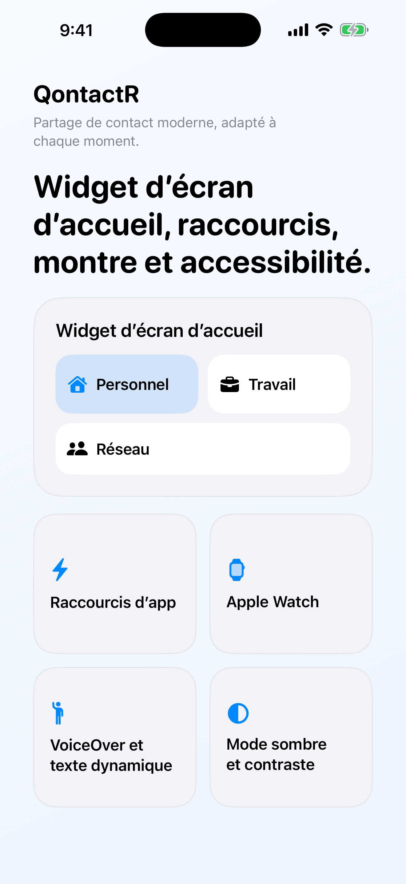 Ecran marketing QontactR montrant widgets, raccourcis et surfaces d'acces rapide.